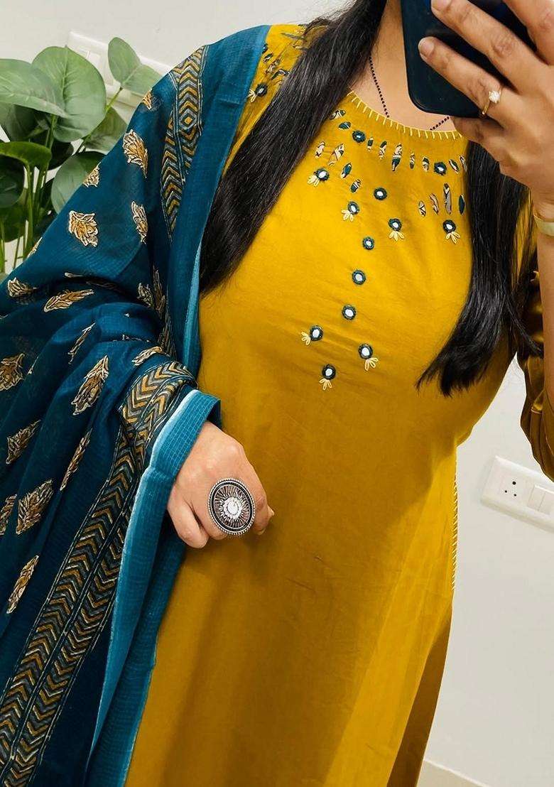 Yellow Embroidered Cotton Straight Kurta Set - Indya