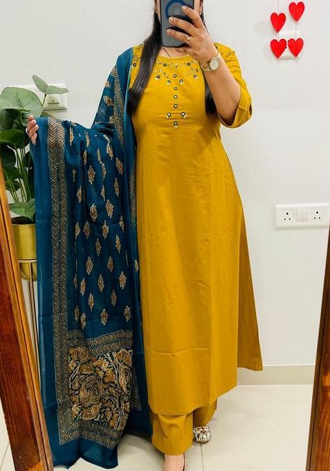 Yellow Embroidered Cotton Straight Kurta Set