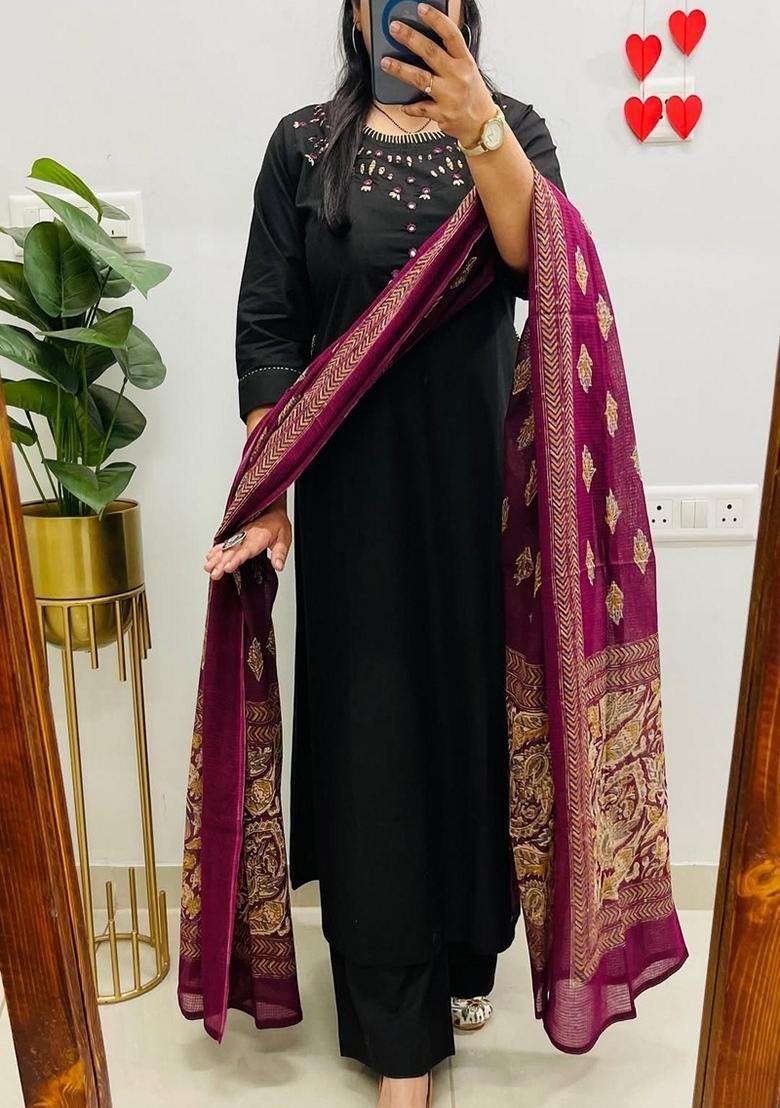 Black Embroidered Cotton Straight Kurta Set - Indya