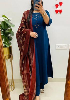 Blue Mirror Work Cotton Anarkali Set
