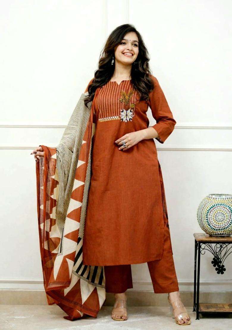 Orange Embroidered Cotton Straight Kurta Set - Indya