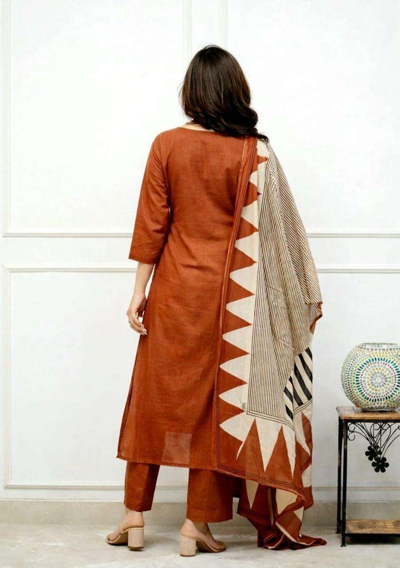 Orange Embroidered Cotton Straight Kurta Set - Indya