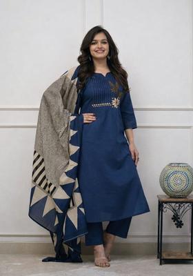 Blue Embroidered Cotton Straight Kurta Set