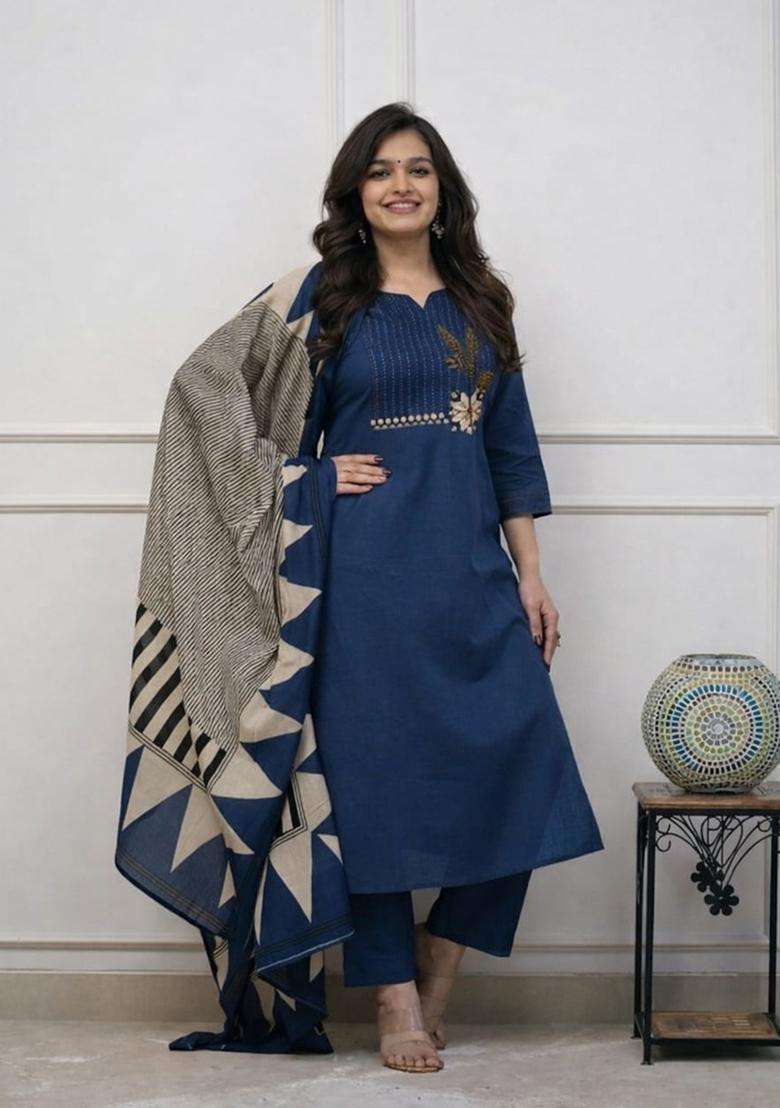 Blue Embroidered Cotton Straight Kurta Set - Indya