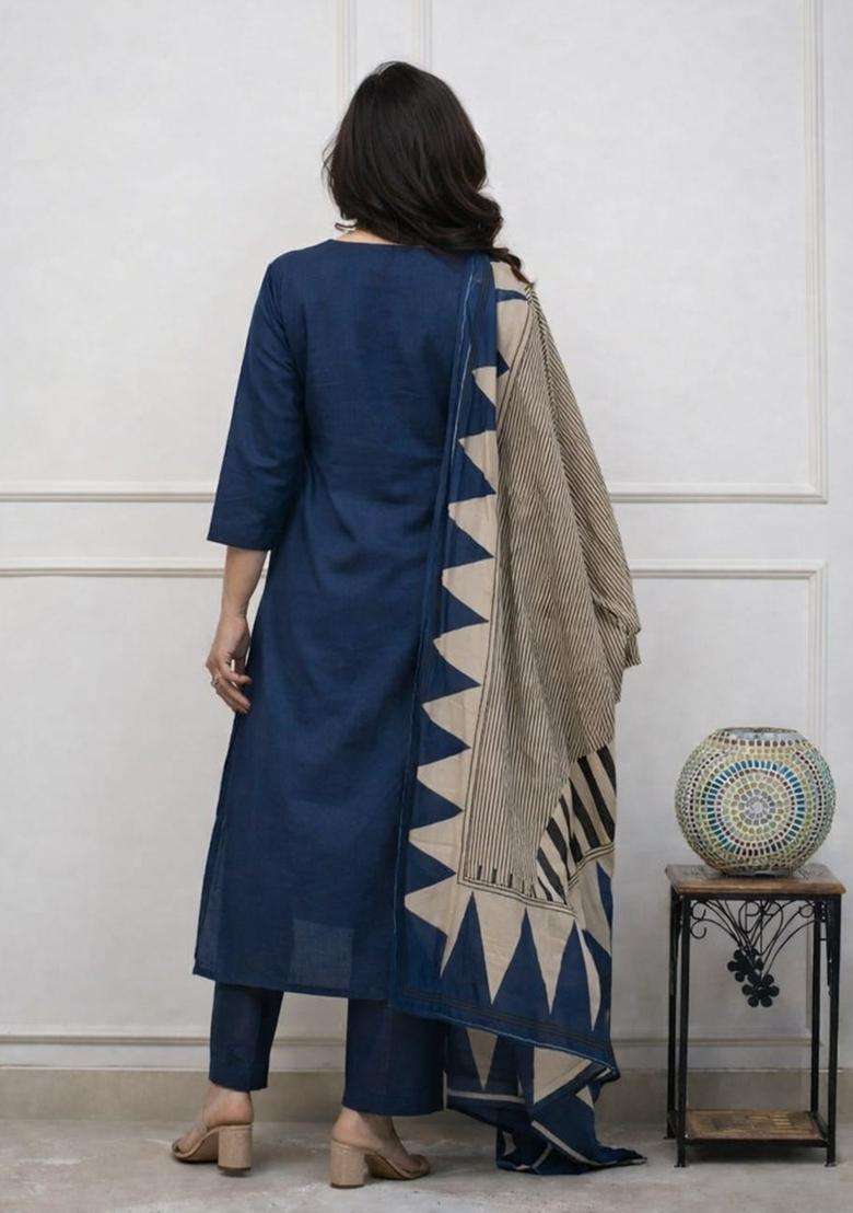 Blue Embroidered Cotton Straight Kurta Set - Indya