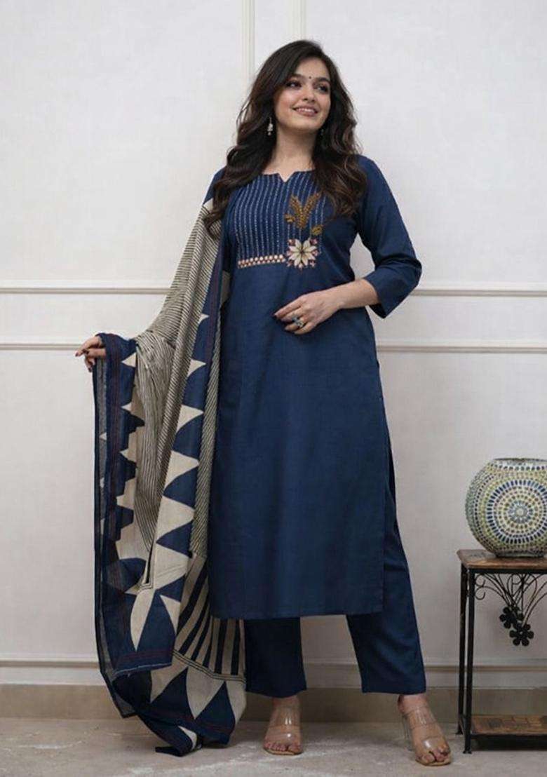 Blue Embroidered Cotton Straight Kurta Set - Indya