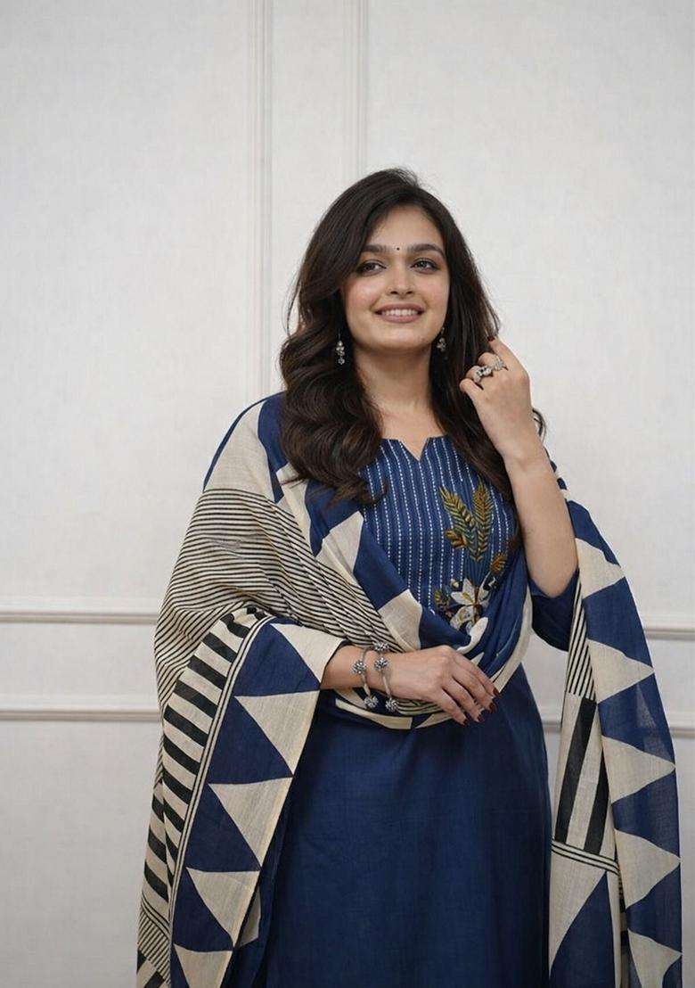 Blue Embroidered Cotton Straight Kurta Set - Indya