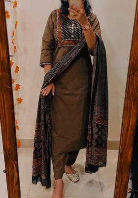 Brown Embroidered Cotton Straight Kurta Set