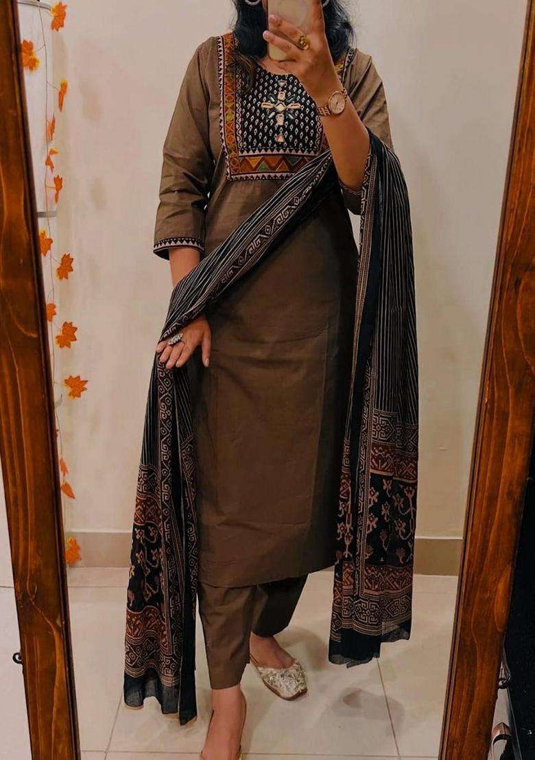 Brown Embroidered Cotton Straight Kurta Set - Indya