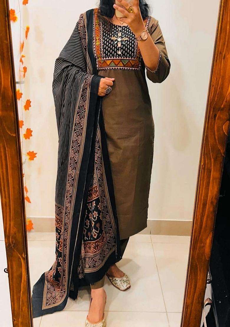 Brown Embroidered Cotton Straight Kurta Set - Indya