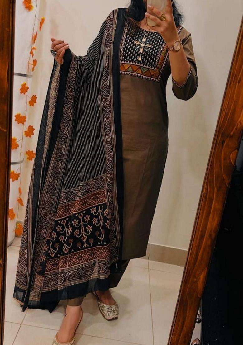 Brown Embroidered Cotton Straight Kurta Set - Indya