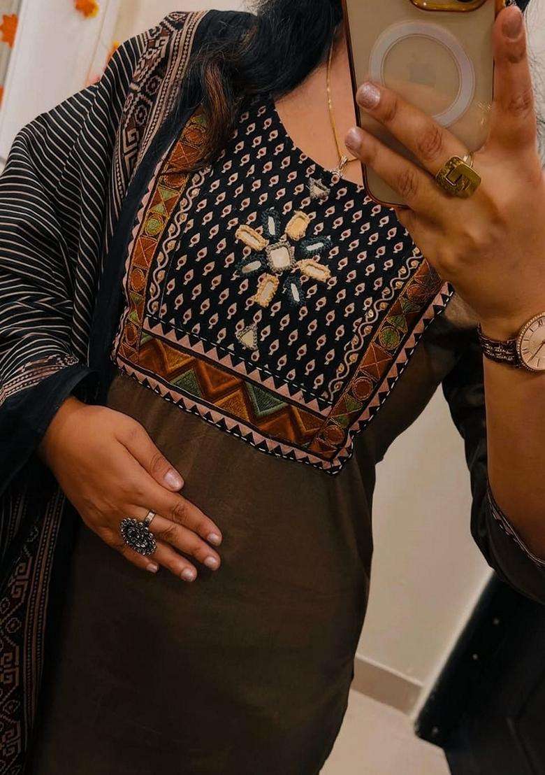 Brown Embroidered Cotton Straight Kurta Set - Indya