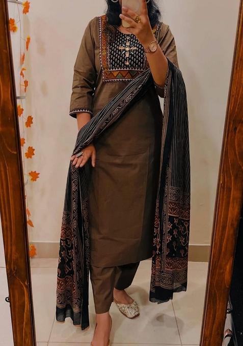 Brown Embroidered Cotton Straight Kurta Set