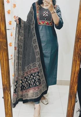Grey Embroidered Cotton A Line Kurta Set