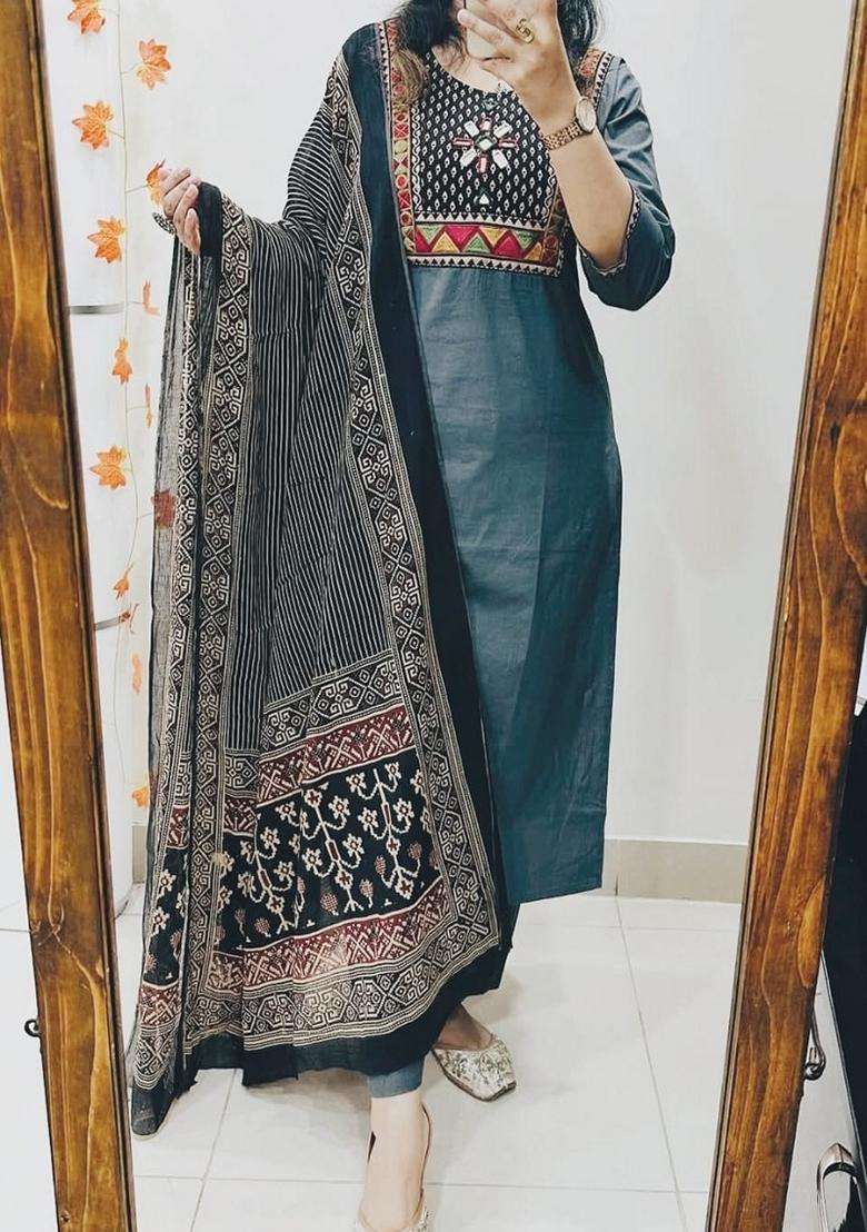 Grey Embroidered Cotton A Line Kurta Set - Indya