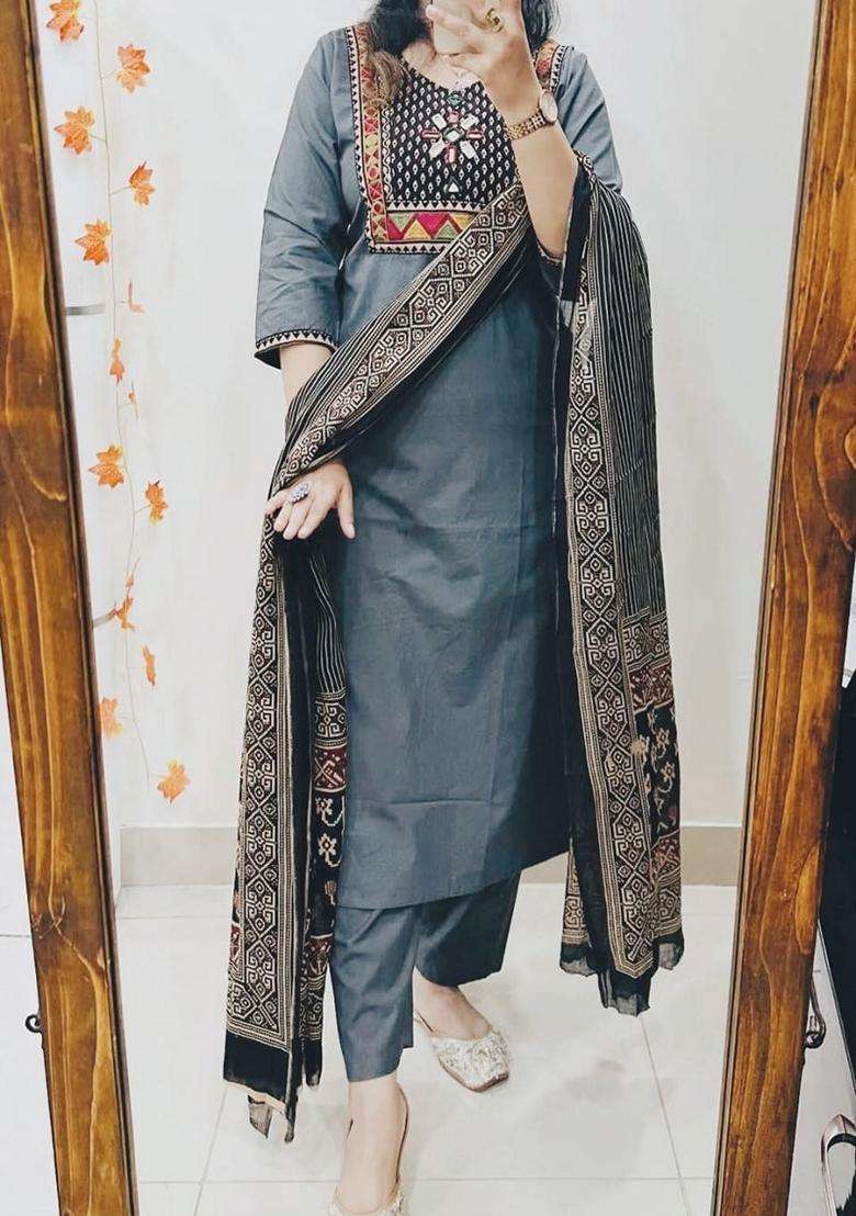 Grey Embroidered Cotton A Line Kurta Set - Indya