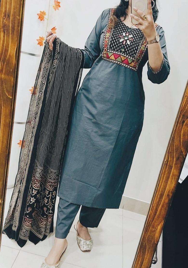 Grey Embroidered Cotton A Line Kurta Set - Indya