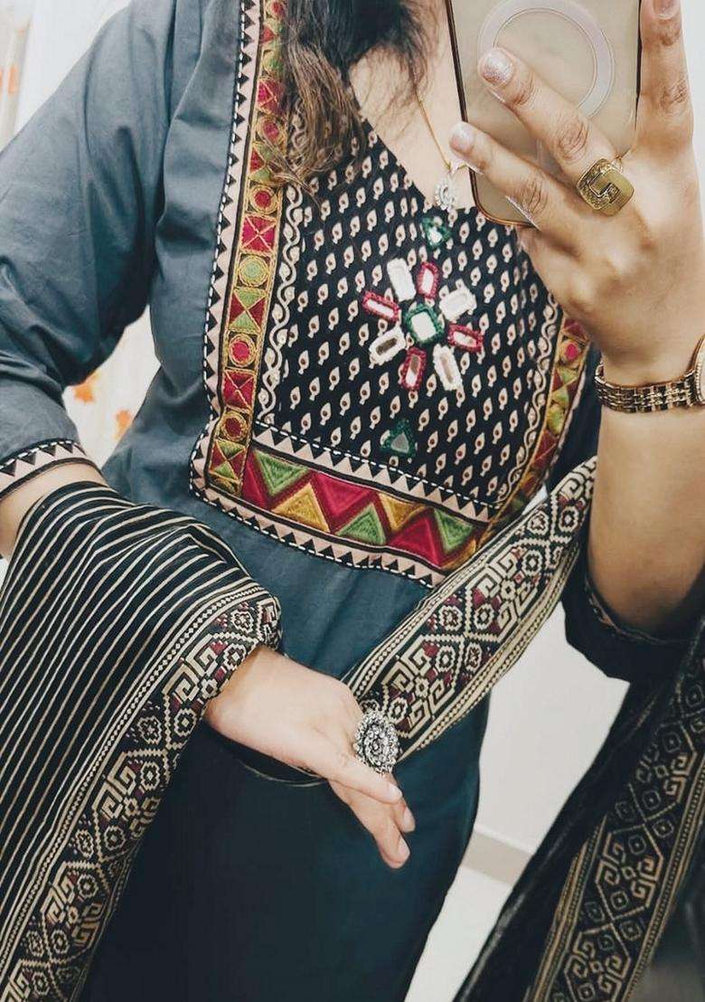 Grey Embroidered Cotton A Line Kurta Set - Indya