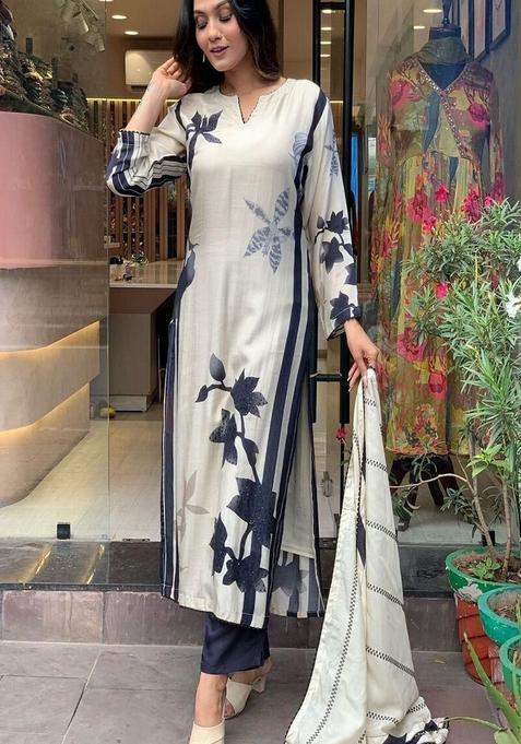 White Printed Muslin Pakistani Suit Set