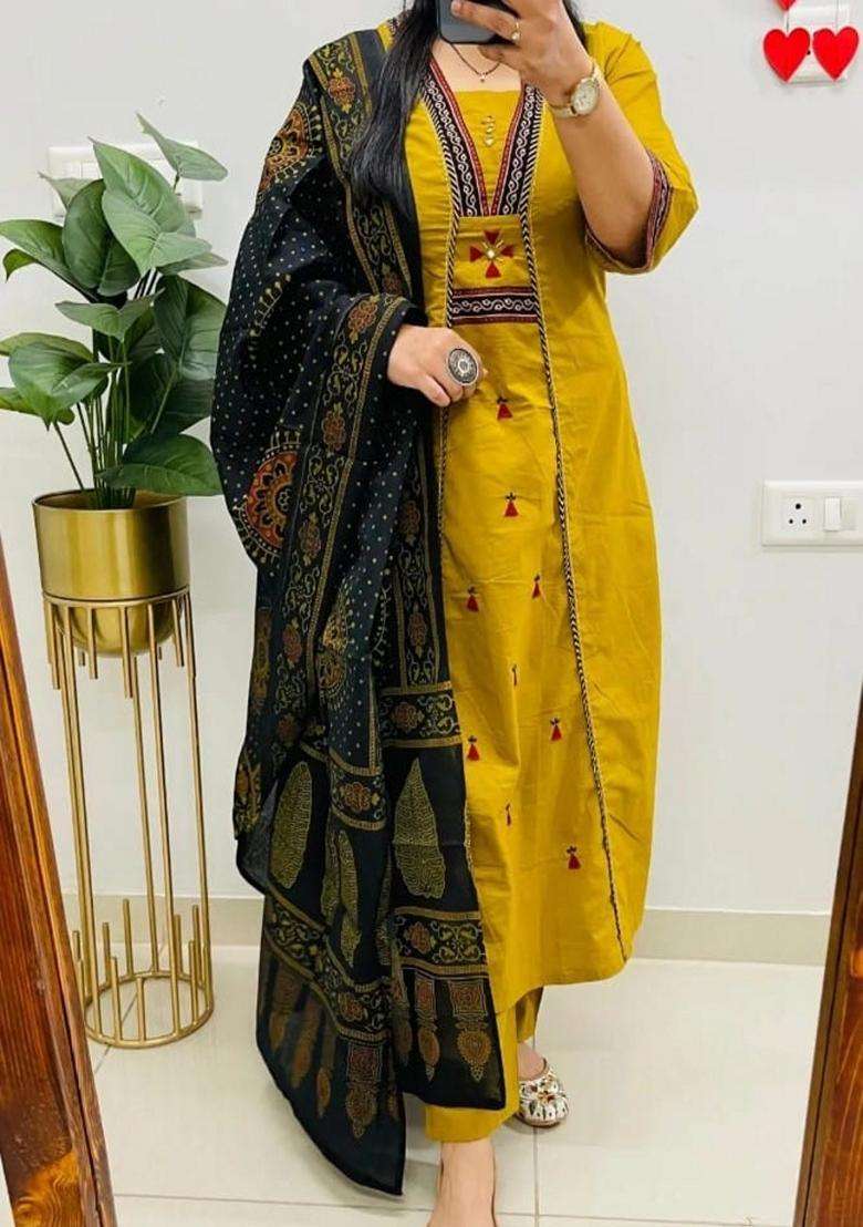Yellow Embroidered Cotton Straight Kurta Set - Indya
