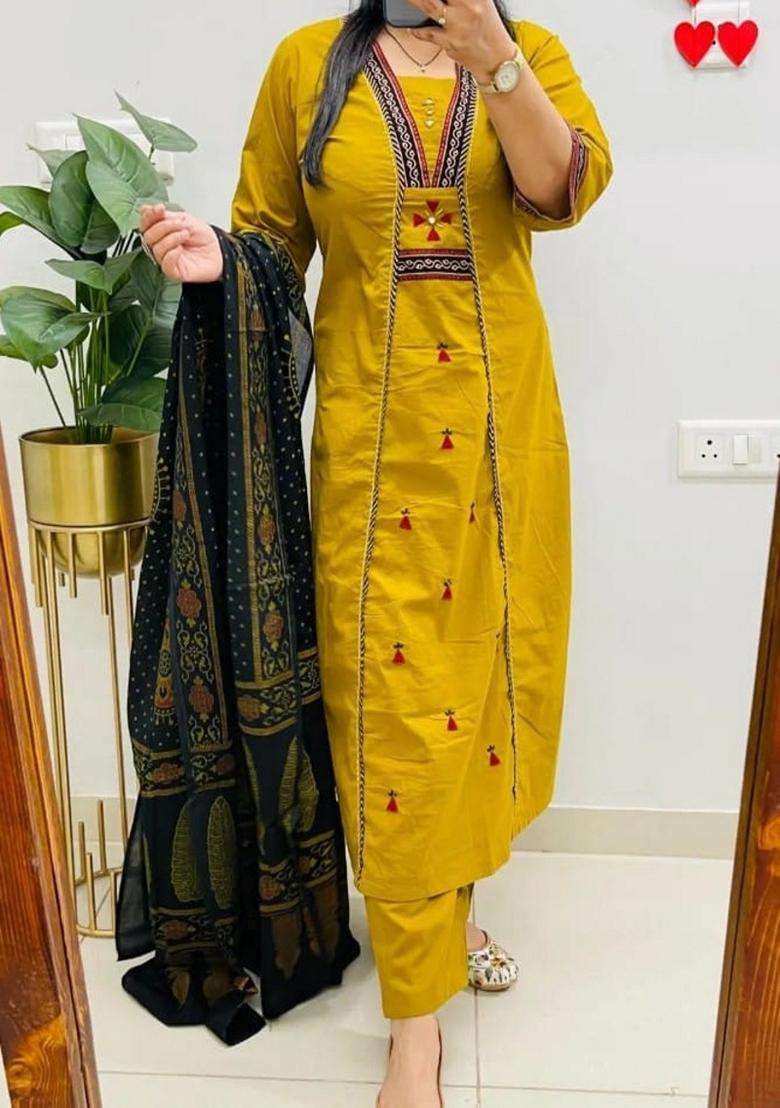Yellow Embroidered Cotton Straight Kurta Set - Indya