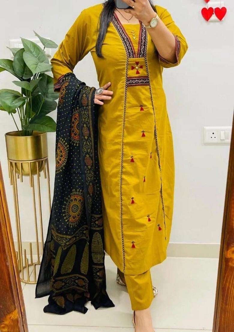 Yellow Embroidered Cotton Straight Kurta Set - Indya