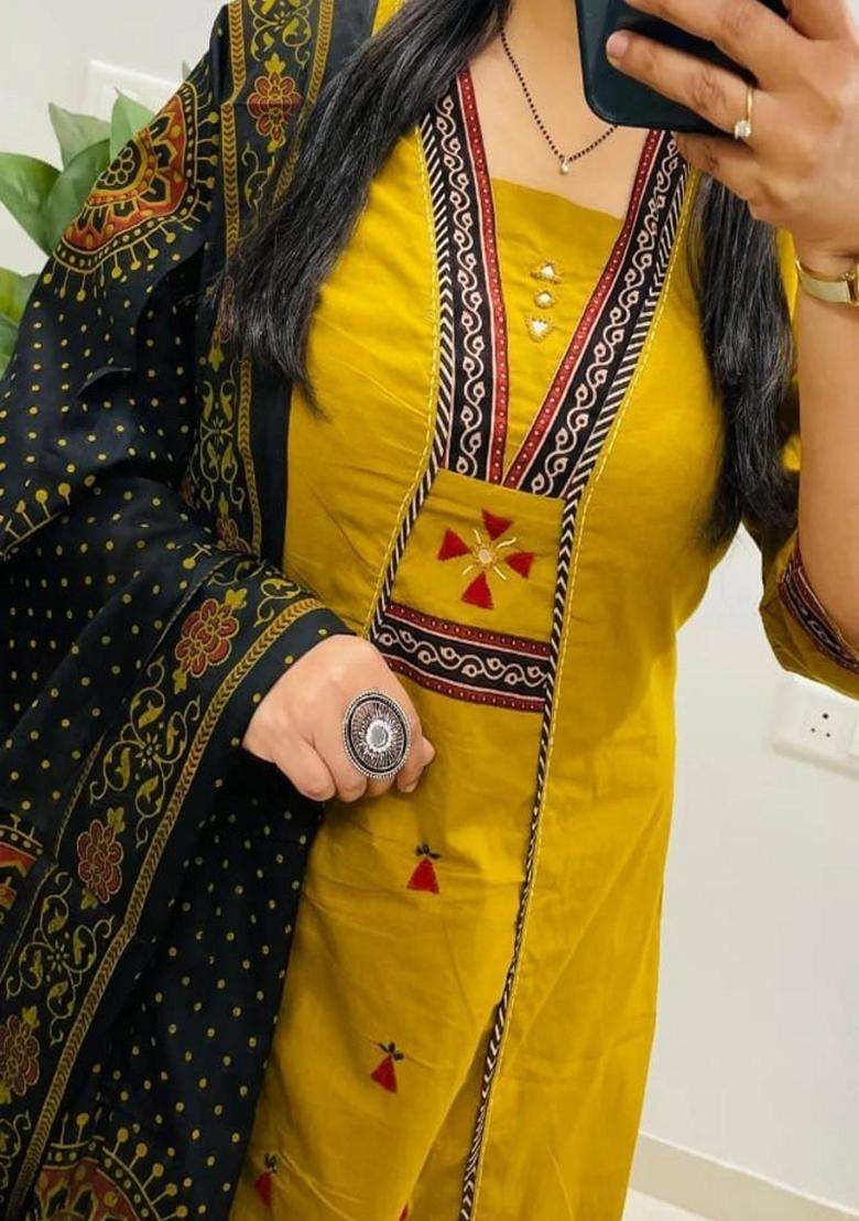 Yellow Embroidered Cotton Straight Kurta Set - Indya
