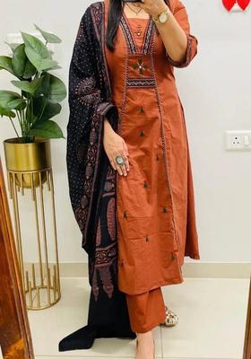 Brown Embroidered Cotton Straight Kurta Set