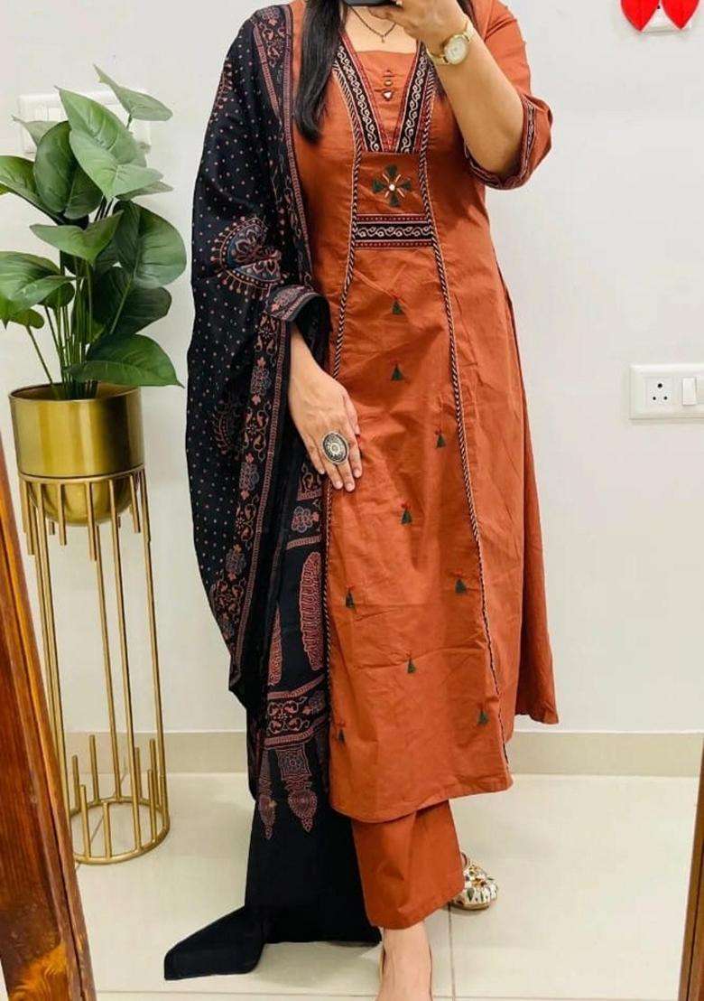 Brown Embroidered Cotton Straight Kurta Set - Indya