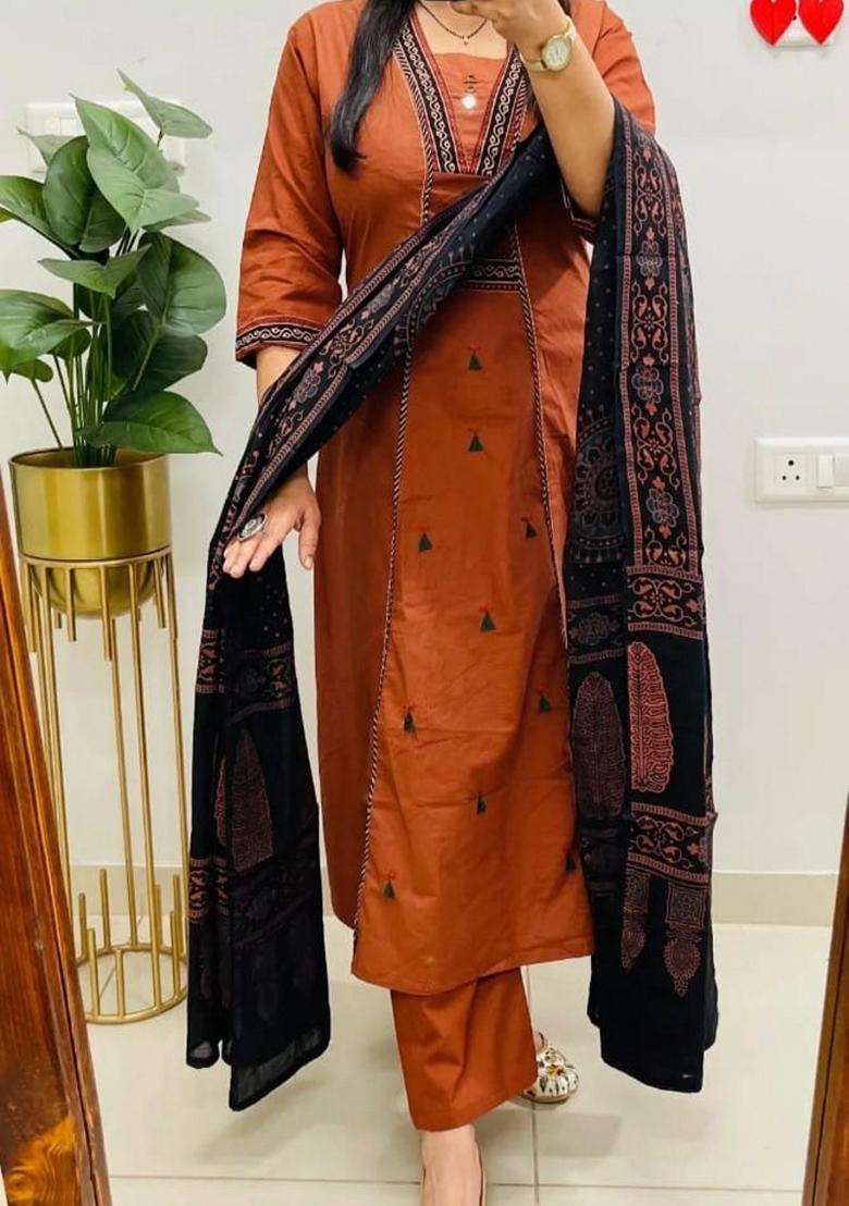 Brown Embroidered Cotton Straight Kurta Set - Indya