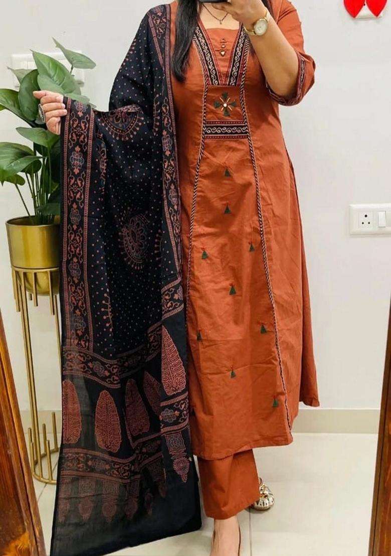 Brown Embroidered Cotton Straight Kurta Set - Indya