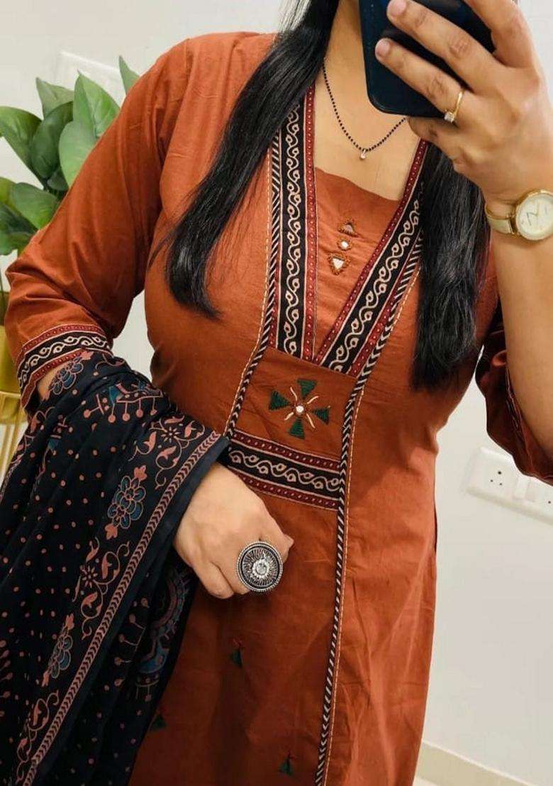 Brown Embroidered Cotton Straight Kurta Set - Indya