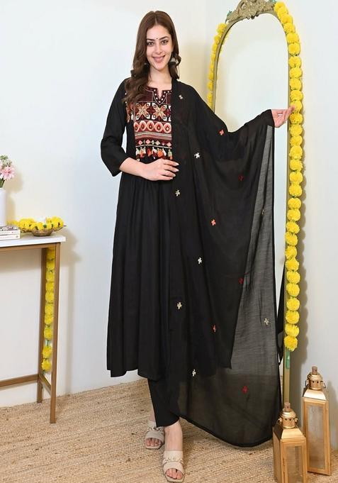 Black Embroidered Cotton Anarkali Set