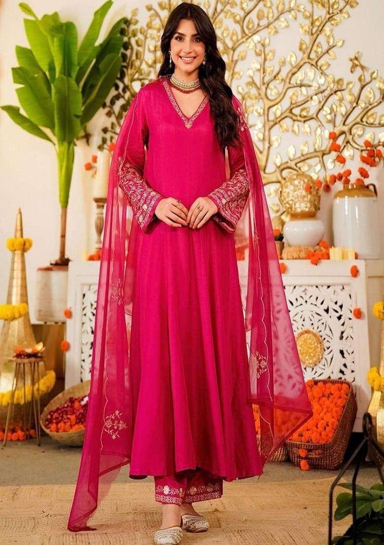 Pink Embroidered Silk Blend Anarkali Set - Indya