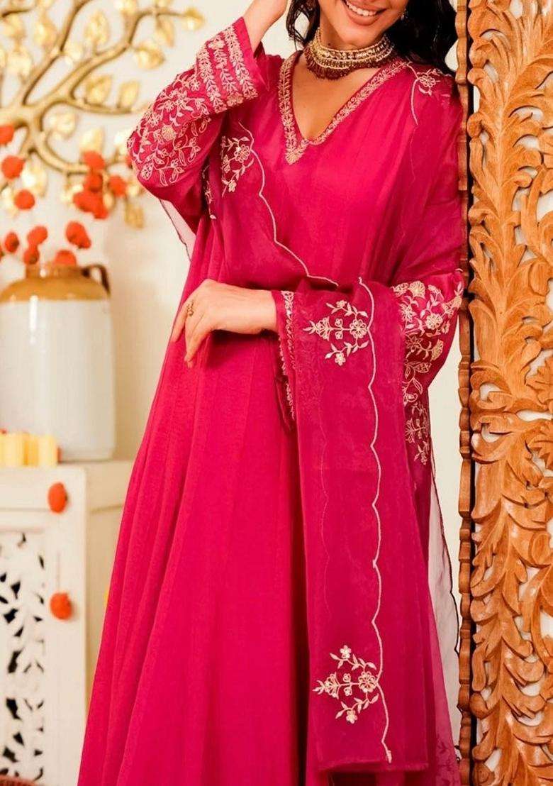 Pink Embroidered Silk Blend Anarkali Set - Indya