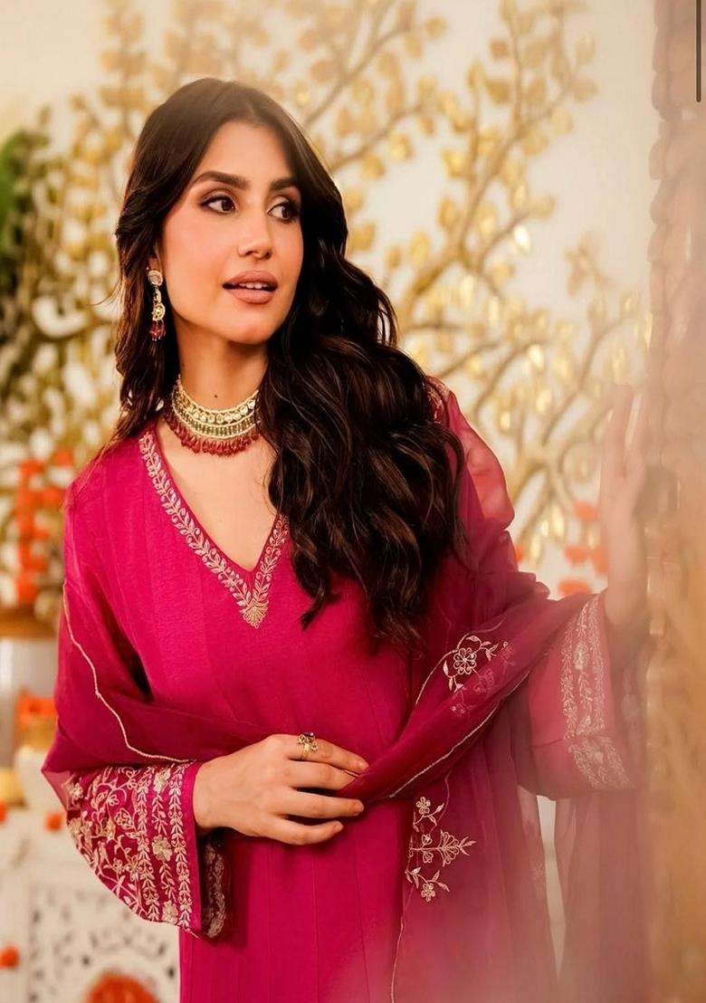 Pink Embroidered Silk Blend Anarkali Set - Indya