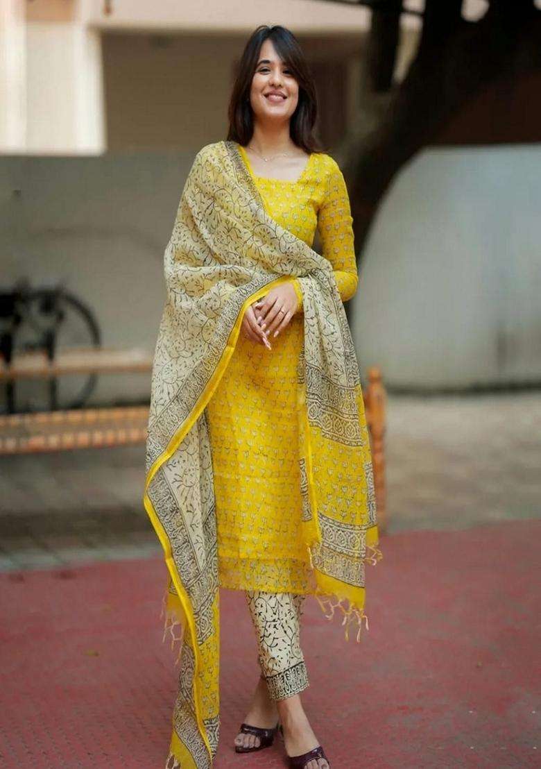 Yellow Printed Cotton Pakistani Suit Set - Indya