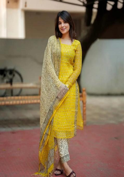 Yellow Printed Cotton Pakistani Suit Set
