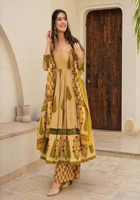 Brown Printed Cotton Anarkali Set
