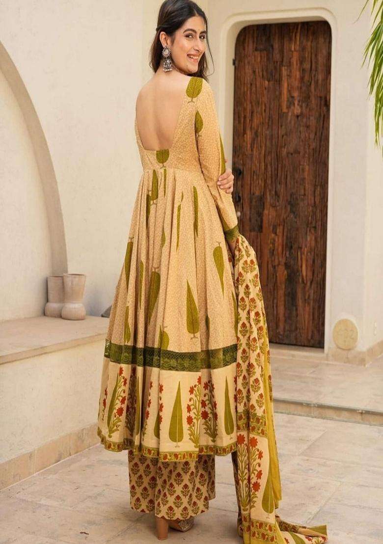 Brown Printed Cotton Anarkali Set - Indya
