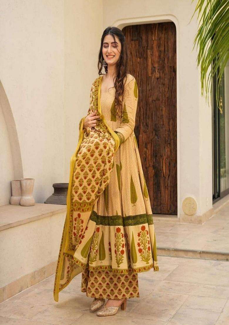 Brown Printed Cotton Anarkali Set - Indya