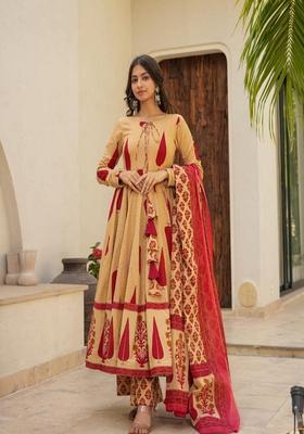 Yellow Printed Cotton Anarkali Set