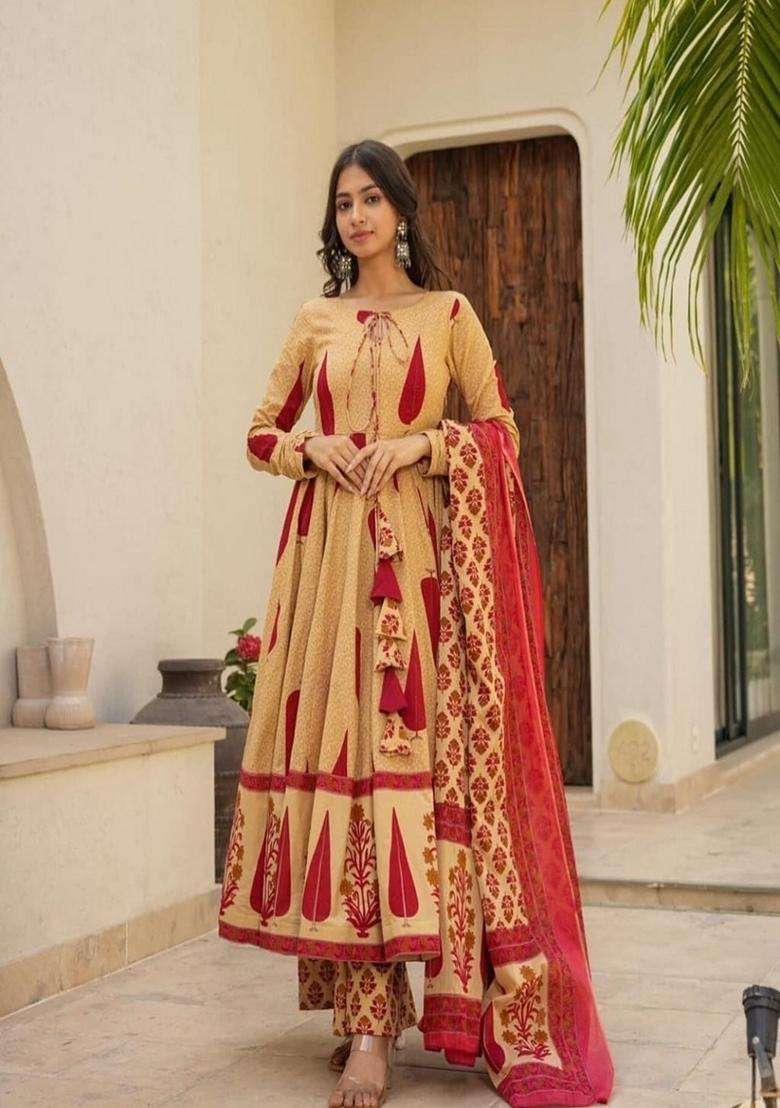 Yellow Printed Cotton Anarkali Set - Indya