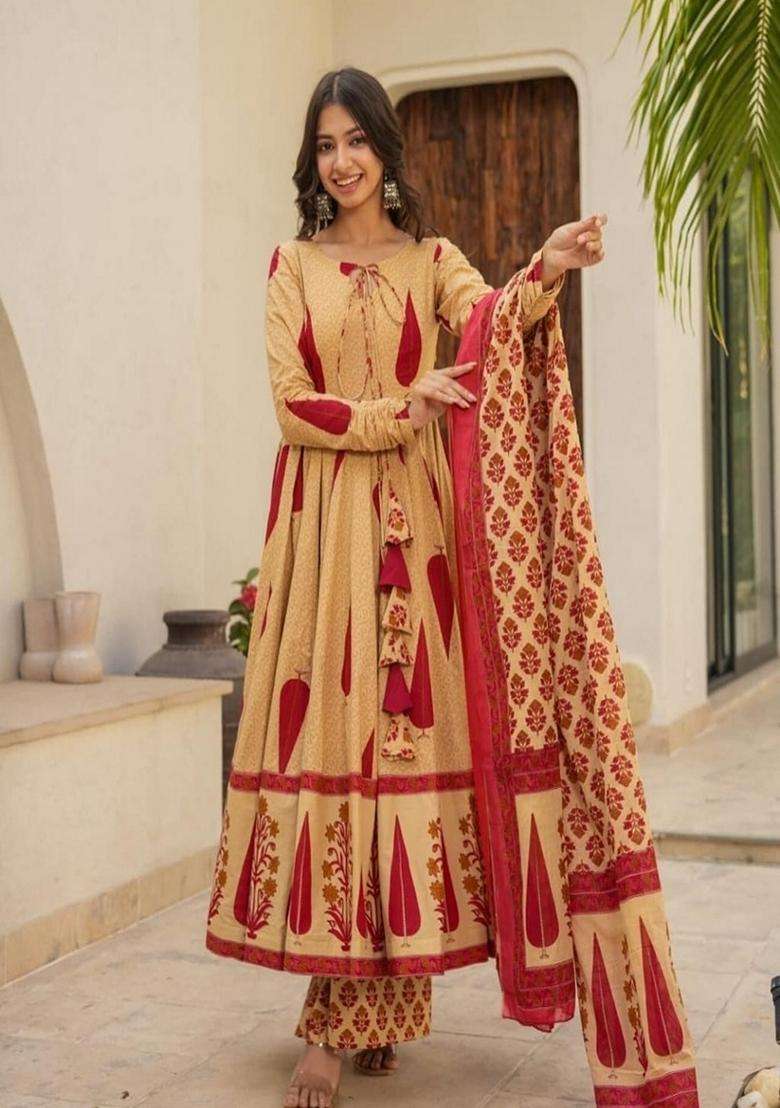 Yellow Printed Cotton Anarkali Set - Indya