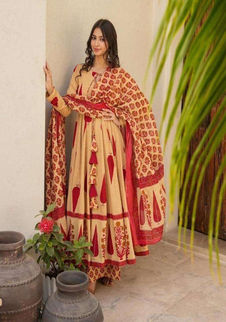 Yellow Printed Cotton Anarkali Set - Indya