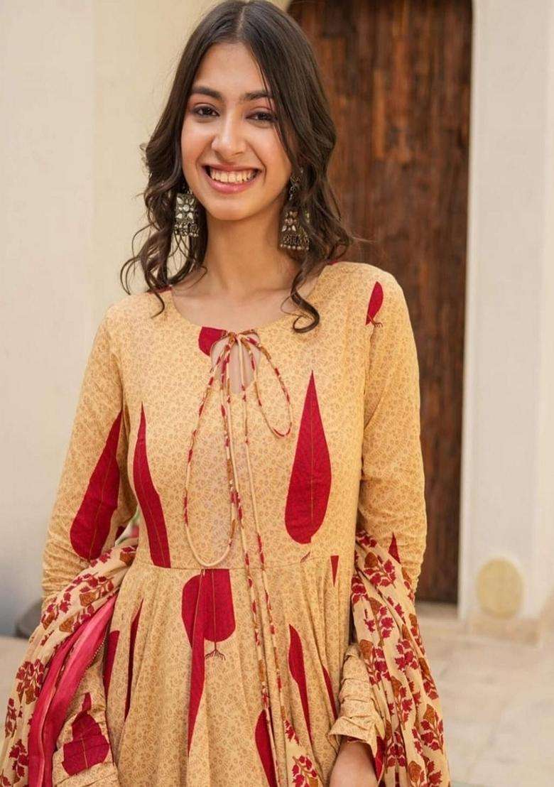 Yellow Printed Cotton Anarkali Set - Indya