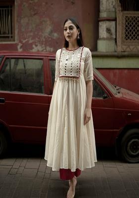 Cream Mirror Work Cotton Anarkali Set