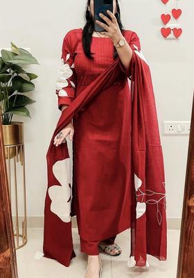 Maroon Floral Print Cotton Straight Kurta Set