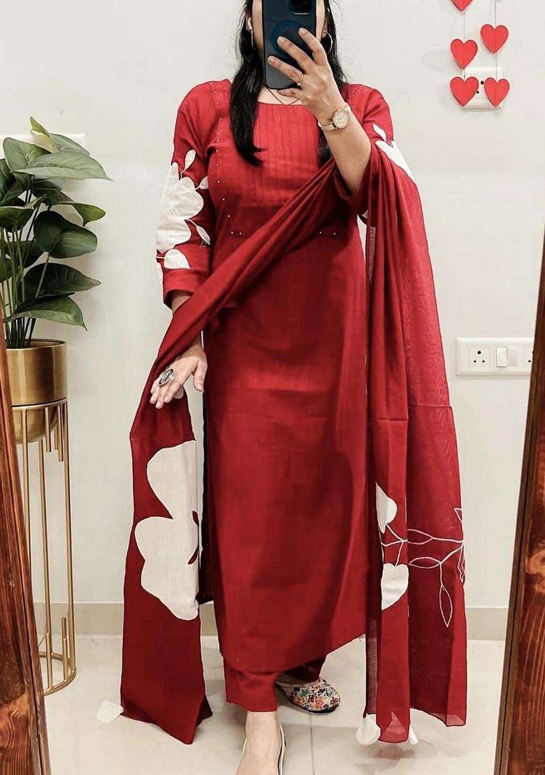Maroon Floral Print Cotton Straight Kurta Set - Indya