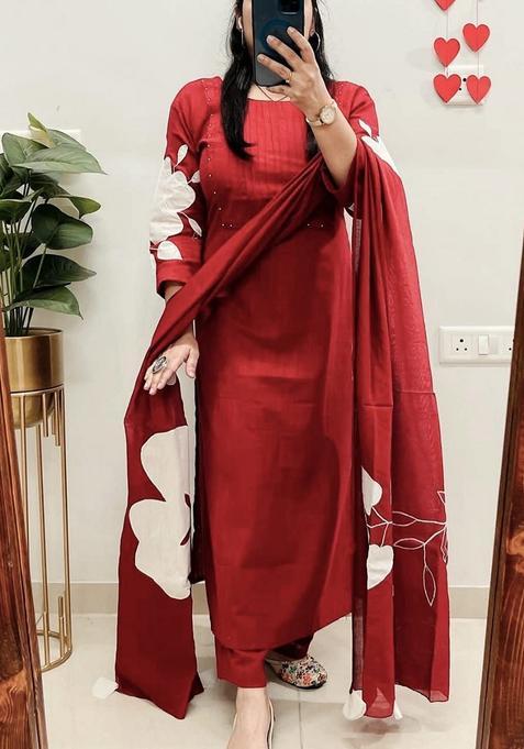 Maroon Floral Print Cotton Straight Kurta Set